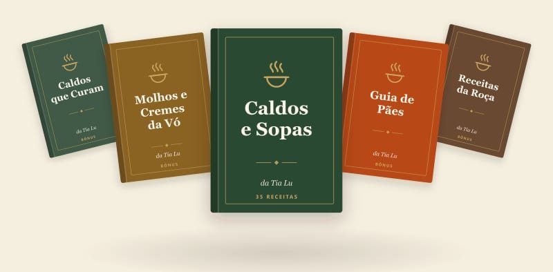 As capas dos cinco e-books: Caldos e Sopas da Tia Lu em destaque, com os bônus Guia de Pães, Molhos e Cremes da Vó, Receitas da Roça e Caldos que Curam